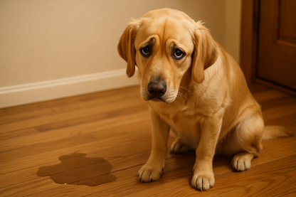 a dog, looking ashamed due to peeing on the floor